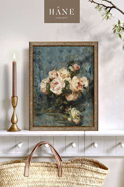 Hane Concept Vintage Pembe Gül Baskılı Çerçeveli Tablo, Galeri Duvarı, Sanatsal Baskı, Çiftlik Evi Tarzı Dekor