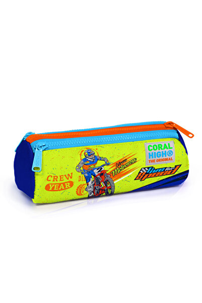Coral High Kids Fosforlu Sarı Saks Motorsiklet Desenli Üç Bölmeli Kalem Çanta...