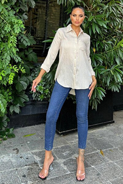 NEW LAVİVA Women's Beige Long Sleeve Special Fabric Single Pocket Shirt Upright Striped Long Back Basic Cut Shirt