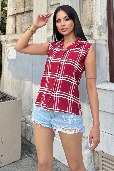 NEW LAVİVA Claret Red Plaid Patterned Textured Bodrum Fabric Sleeveless Comfo...