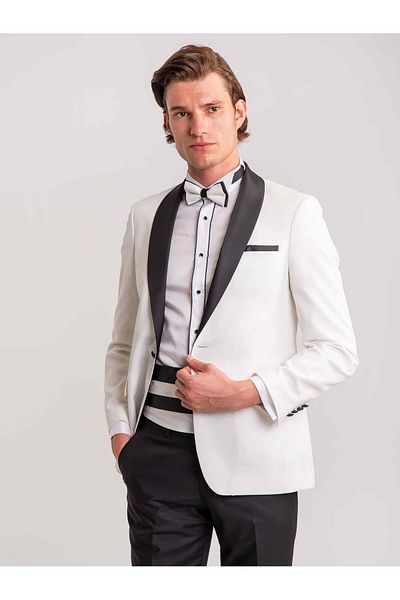 Dufy Λευκό ανδρικό Slim Fit ίσιο σάλι γιακά σμόκιν - 58887