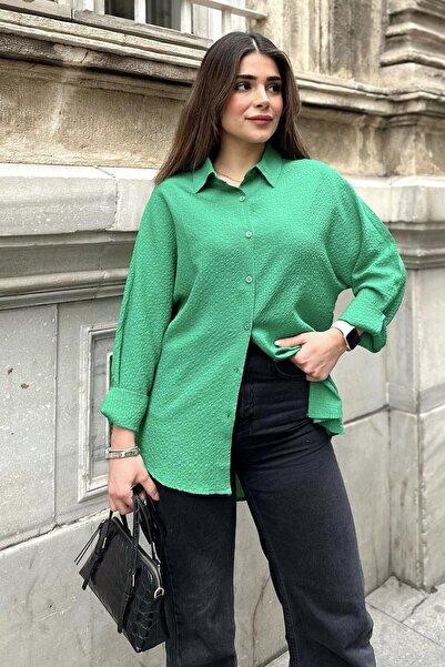 NEW LAVİVA Model de bază verde de damă, seersucker, cămașă casual