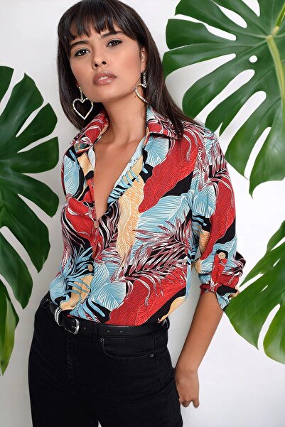 NEW LAVİVA Kadın Çok Renkli Klasik Yaka Uzun Kol Çiçek Desenli Çok Renkli Reg...