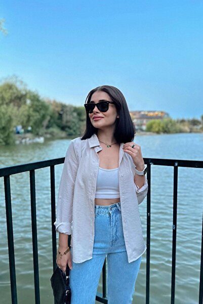 NEW LAVİVA Women's Beige Classic Collar Long Sleeve Regular Cut Standard Size Shirt (Custom Fabric)