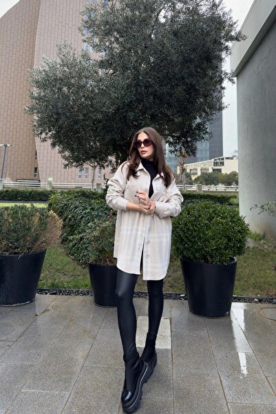 NEW LAVİVA Buzunar dublu bej pentru femei, model în carouri, potrivire confortabilă, cămașă cu ștampilă lungă