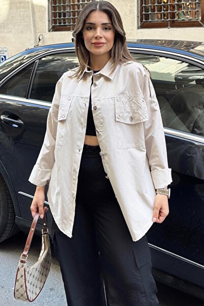 NEW LAVİVA Beige Women's Poplin Shirt - Epaulet and Staple Detail, Anti-Sweat, Loose Cut