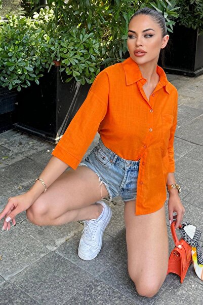 NEW LAVİVA Orange Linen Casual Shirt - Three-Quarter Sleeve, Oval Cut, Flame, Sweat-Proof