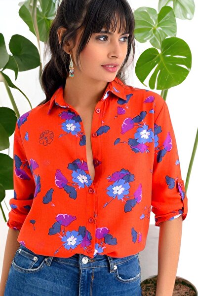 NEW LAVİVA Women's Coral Flower Patterned Long Sleeve Regular Cut Standard Size Shirt