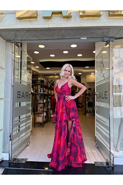 Eva Fashion Fukszia mintás hosszú estélyi ruha mélyen dekoltált szárakkal