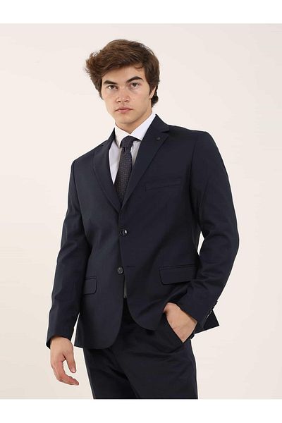 Dufy Dark Navy Men's Regular Fit Plain Classic Mono Collar Suit - 92006