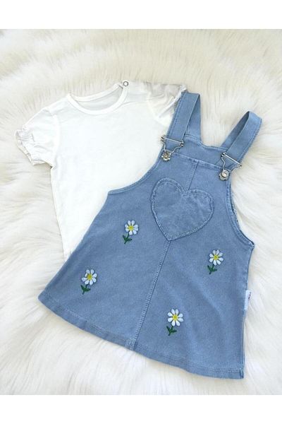 ALTINTAŞ BABY Daisy Embroidered Heart Patterned Denim Look Cotton 2-Piece Salopet Set