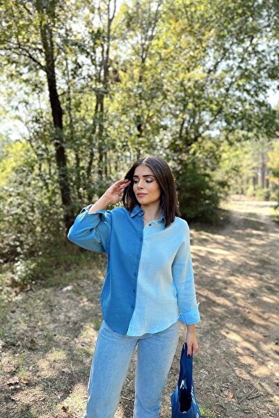 NEW LAVİVA Tesatura de muselina albastră de damă, bloc dublu, fustă ovala, mânecă lunga, cămașă cu croială normala