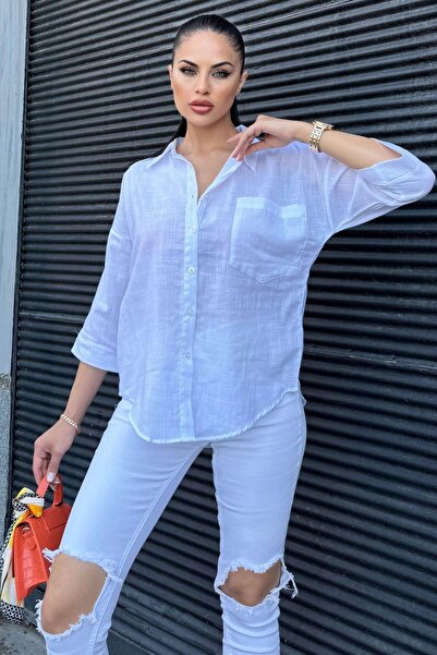 NEW LAVİVA Λευκό λινό πουκάμισο χαλαρό - μανίκι τριών τετάρτων, οβάλ κοπή, λάμψη