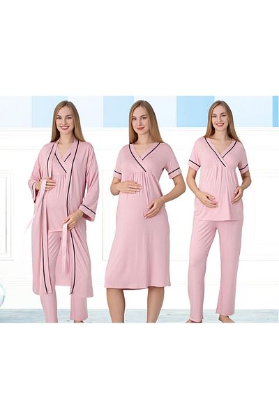 Miss Dünya Lissa Morning Dress Stripe Detail Short Sleeve 4 Piece Maternity Pajamas and Nightgown Set