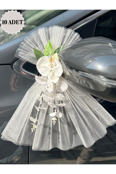 Mortex Beyaz Orkide Çiçekli Düğün Arabası Süsü 10'Lu Gelin Arabası Konvoy Süs...