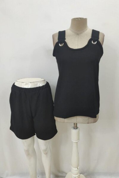 Mossta Bird's Eye Detailed Wrap Blouse Shorts Two-Piece Set - Black