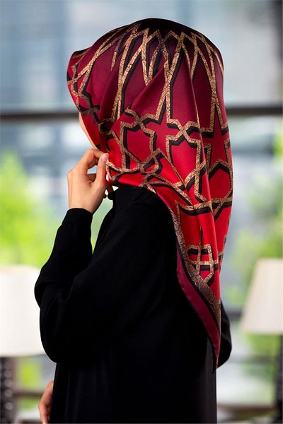 Vissona 57% Silk 43% Viscos Twill Turkish Motif Patterned Red Color 90X90 Scarf Sewing Shape: Hand Sewing