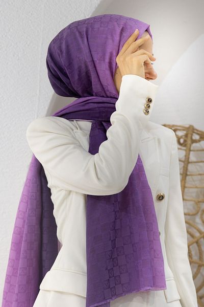 Vissona 57% Silk 43% Cotton Gradient Pattern Lilac Color Shawl - 70X190 Stitching Type Italian Stitched