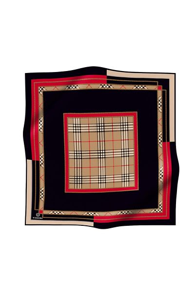 Vissona 57% Silk 43% Viscos Twill Silk Plaid Patterned Red Color 90X90 Scarf Planting Shape : Hand Sewing