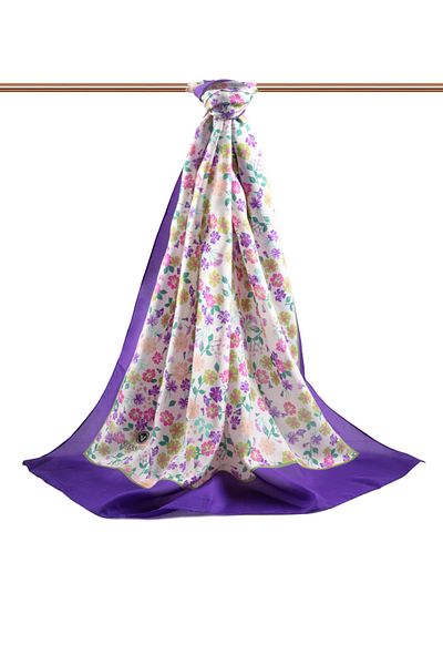 Vissona 100% Silk Crispy Flower Patterned Purple Colored 92X210 Shawl