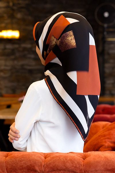 Vissona 100% Twill Silk Tile Patterned Black - Tan Colored 90X90 Scarf Planting Shape: Hand Sewing