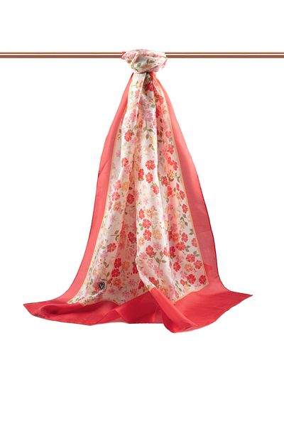 Vissona 100% Silk Crispy Flower Patterned Red Colored 92X210 Shawl