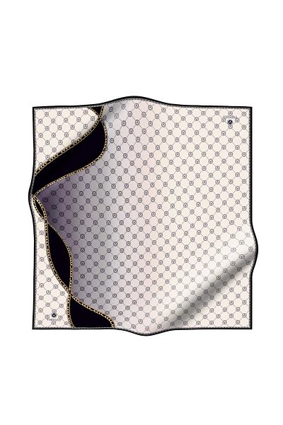 Vissona 100% Twill Silk Chain and Monogram Patterned Cream - Black Colored 90X90 Scarf Sewing Shape: Hand Sewing