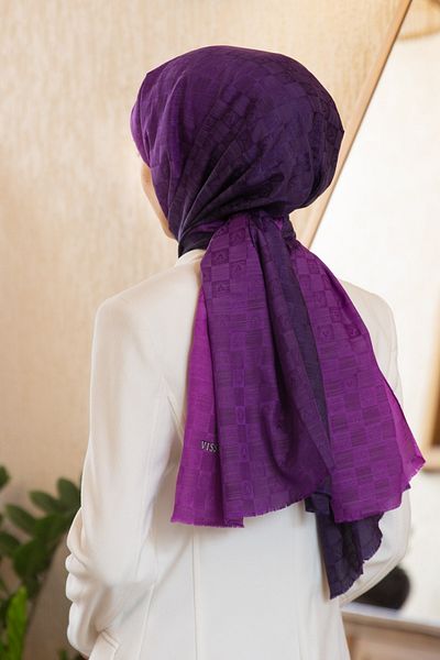 Vissona 57% Silk 43% Cotton Gradient Patterned Fuchsia - Purple Color Shawl - 70X190 Stitching Type Italian Stitching