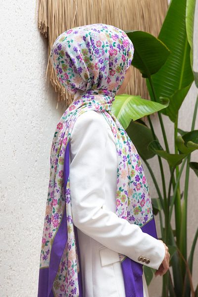 Vissona 100% Silk Crispy Flower Patterned Purple Colored 92X210 Shawl
