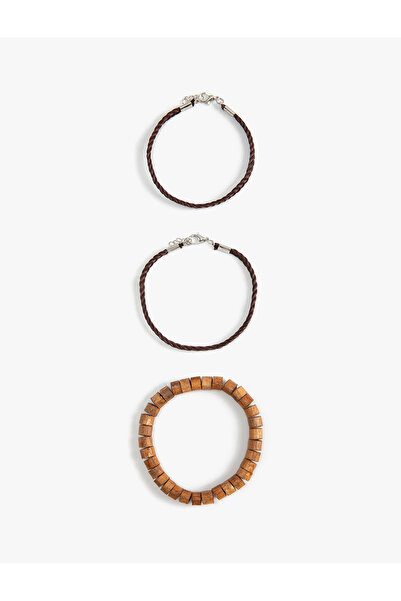 Koton Bileklik Seti 3'lü Ahşap Boncuklu Deri Görünümlü