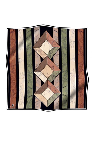 Vissona Khaki Geometric Marble Pattern Twill Silk - Copper Color 90X90 Hand Stitched Scarf