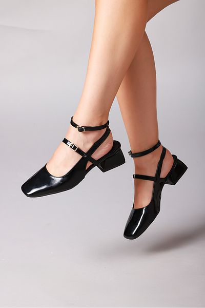 buğrahayalin Women's Mary Jane Patent Leather Open Back Square Toe Double Buckle Short Block Heeled Shoes