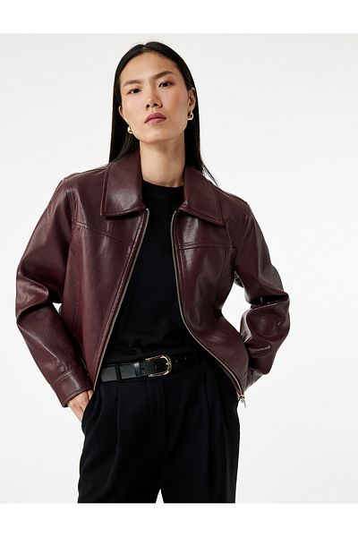 Koton Zippered Long Sleeve Double Breasted Crop Faux Leather Jacket