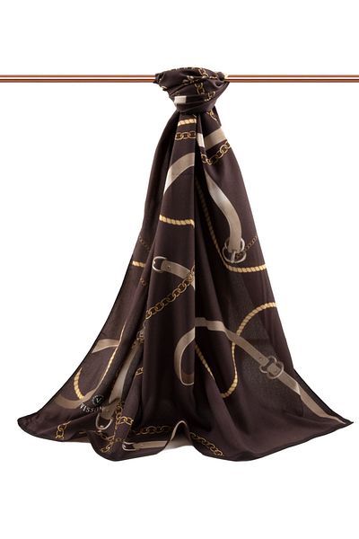 Vissona Belt Patterned Brown Moss Crepe Dikish Type with Luxurious Medina Silk Chains - 75X195, Non-Smudge Shawl