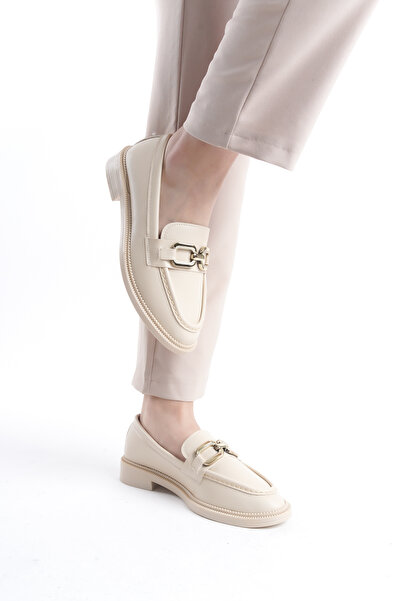 buğrahayalin Дамски кремави мокасини на тънък ток - верижка с детайл - стилни и удобни ежедневни обувки - мека подметка