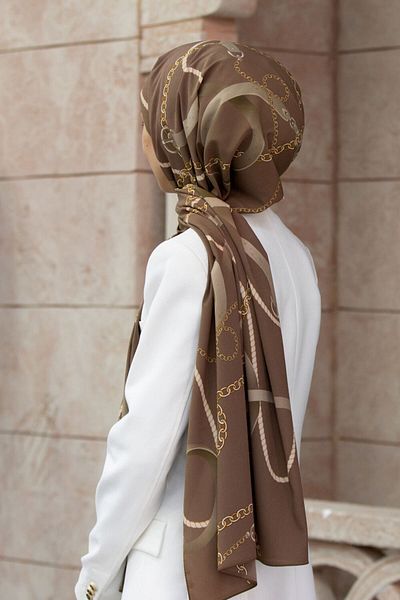 Vissona Luxurious Medina Silk with Belt Pattern with Chains - Mink Color 75X195 Non-Dirty Shawl Moss Crepe Sewing Type Italy