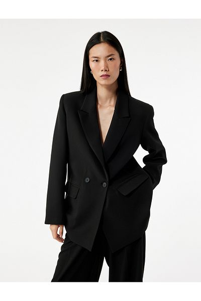 Koton Oversized Double Breasted Blazer Jacket with Long Sleeves and Pocket Detail