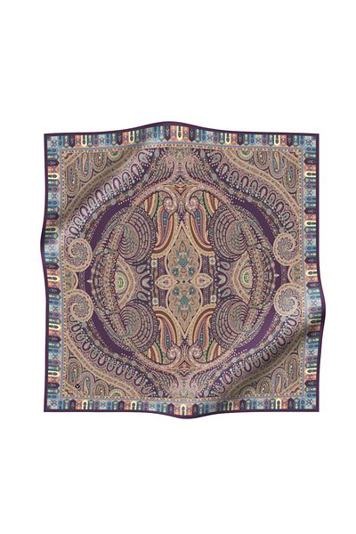 Vissona Plum Colored Silk Etro Pattern Twill Scarf - 90X90 Planting Shape, Hand Stitched