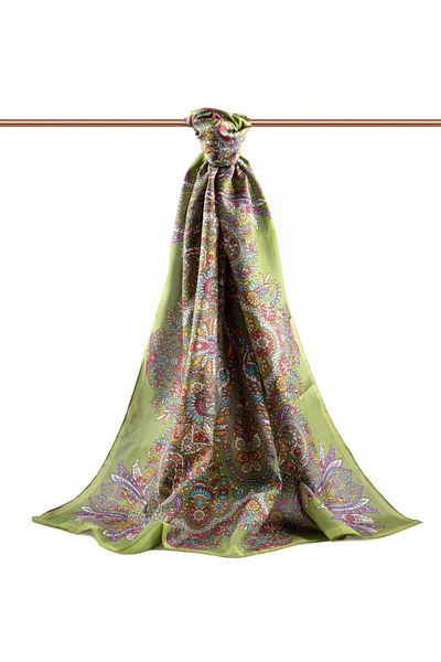 Vissona 100% Silk Etro Patterned Pistachio Green - Red Colored 92X210 Shawl