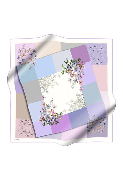 Vissona Lilac Beige - 100% Twill Silk Plaids and Crispy Floral Print 90X90 Scarf Planting Shape : Hand Sewn