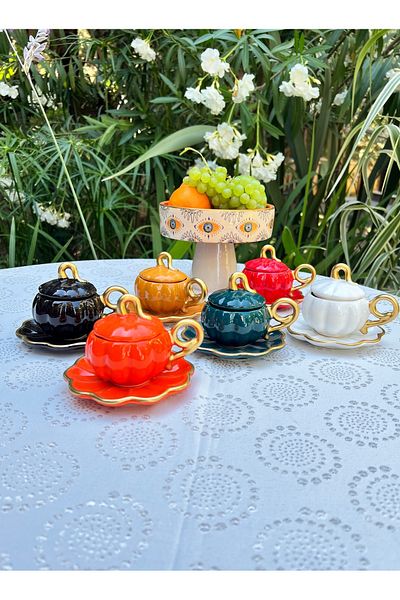 MAMALİZA Ceramic 6-Person Pumpkin, Pumpkin, 6 Colors Mixed, with Lid, Turkish Coffee Cup Set. 90 Ml.