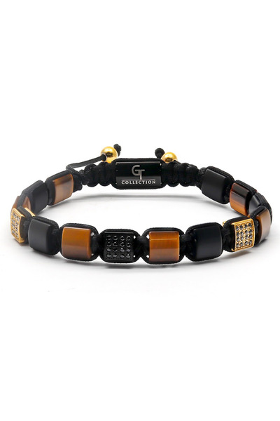 GT Collection Βραχιόλι GT Collection με επίπεδες χάντρες για άνδρες με μάτι τίγρης, μαύρο όνυχα, ενεργειακές πέτρες, ένα μέγεθος και ρυθμιζόμενο κορδόνι