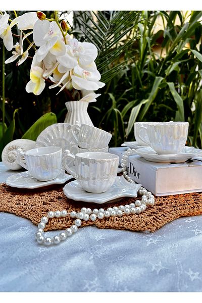 MAMALİZA Pearl Mother of Pearl 6-Piece Ceramic Coffee Cup Set – Stylish and Elegant Design