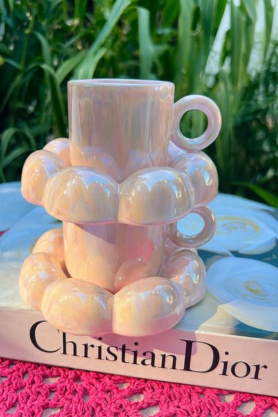 MAMALİZA Set of 2 Espresso Ceramic Cups with Sedef. Pink Turkish Coffee Cup. Gift