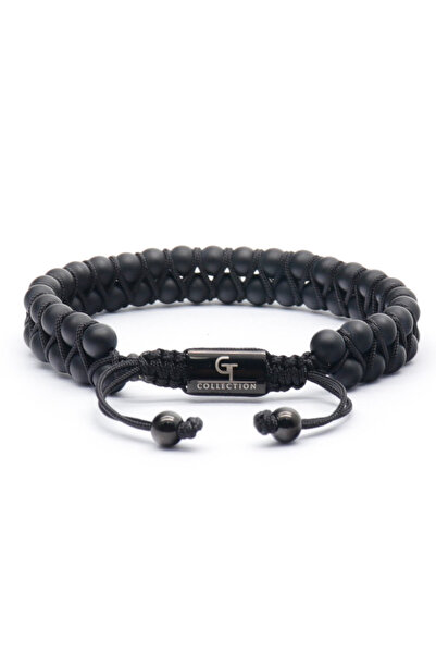 GT Collection Ανδρικό βραχιόλι GT Collection με διπλές χάντρες και ενεργειακές πέτρες ΜΑΥΡΟΥ ΟΝΥΧΑ, ένα μέγεθος και ρυθμιζόμενο κορδόνι