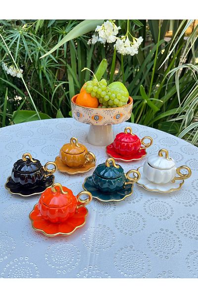 MAMALİZA Ceramic 6-Person Pumpkin, Pumpkin, 6 Colors Mixed, with Lid, Turkish Coffee Cup Set. 90 Ml.