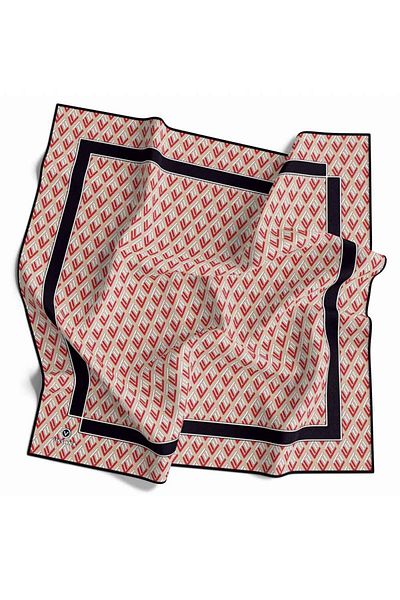Vissona Beige Geometric Pattern Twill Silk - Red 90X90 Scarf, Hand Stitched