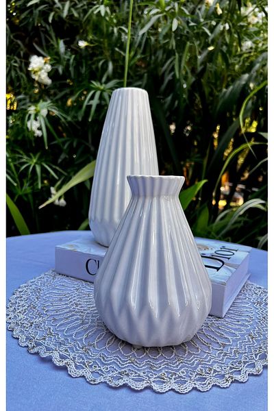 MAMALİZA Set of 2 Decorative Ceramic Vases – Modern White Patterned (25 cm & 17 cm)