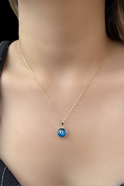 Altınaşkı Göz Boncuklu Aynalı Zincirli Altın Kolye