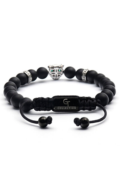 GT Collection GT Collection, Ανδρικό Βραχιόλι με Κεφαλή Λεοπάρδαλης και Ενεργειακές Πέτρες από ΜΑΥΡΟ ΟΝΥΧΑ, Ένα Μέγεθος & Ρυθμιζόμενο Κορδόνι